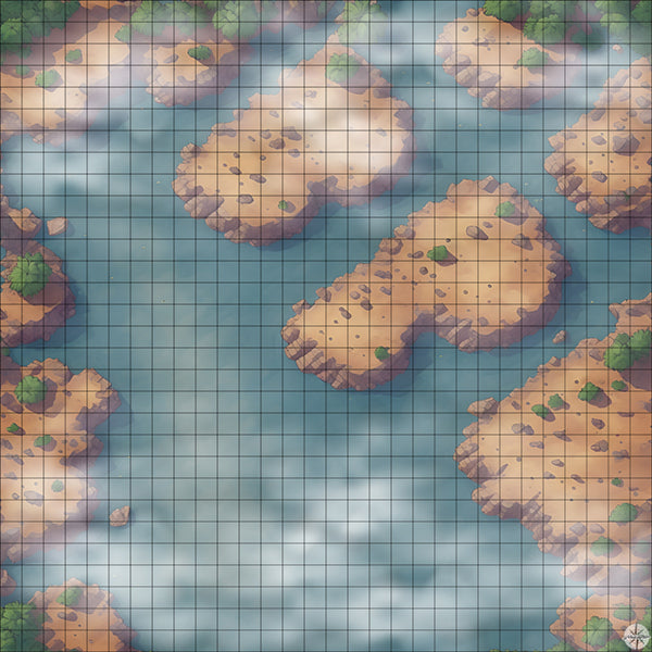 lake with desert islands battle map with Mist