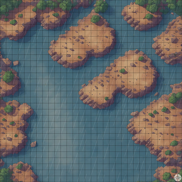 lake with desert islands battle map with Rain