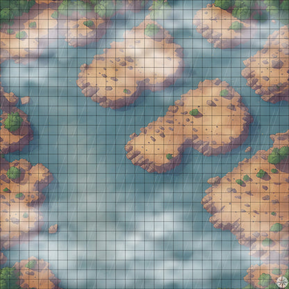 lake with desert islands battle map with Mist and Rain