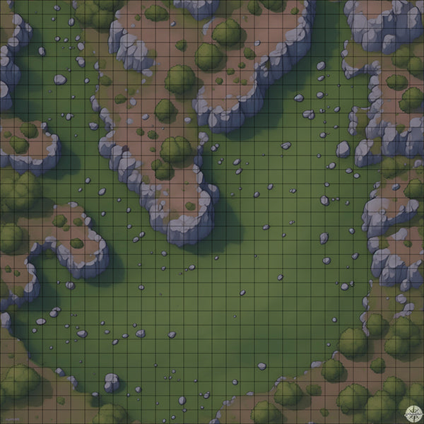 Grassy Clearing with Rocks Cliffs & Trees map night time