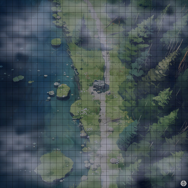 Mountain Forest Lake Trail Battlemap Night Mist