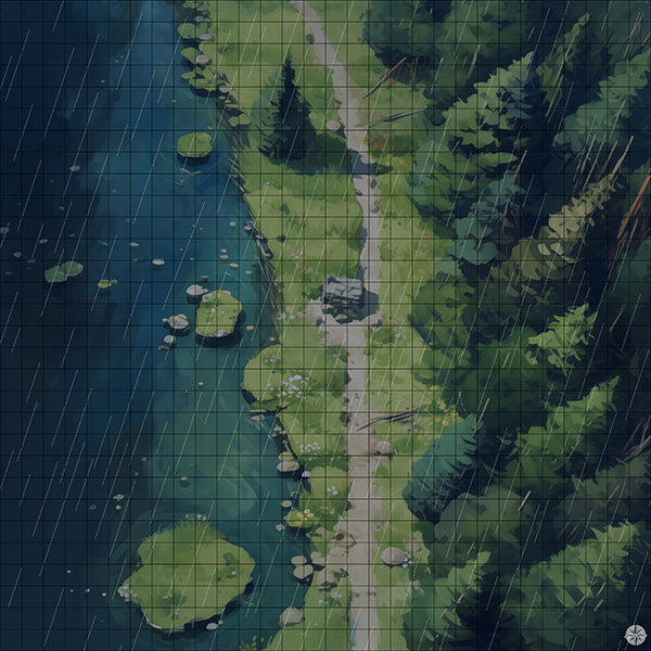 Mountain Forest Lake Trail Battlemap Night Rain