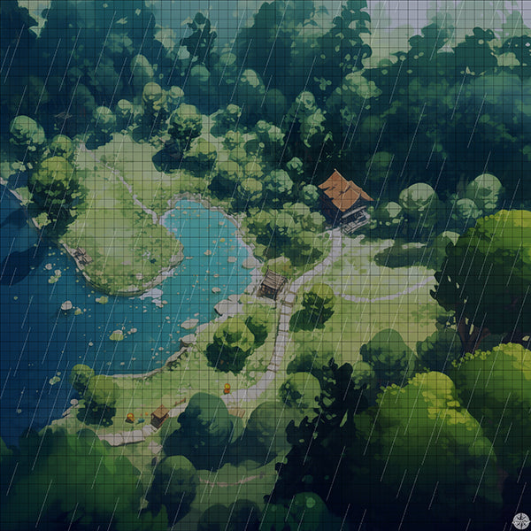 Mystic Pine Lake Sanctuary Battlemap Night Rain