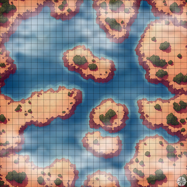 lake with desert islands battle map with Mist