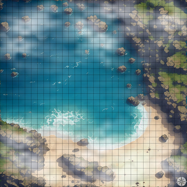 ocean beach with rocky cliffs battle map with Mist