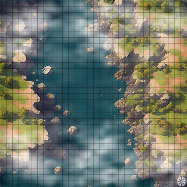 river mouth with cliffs battle map with Mist