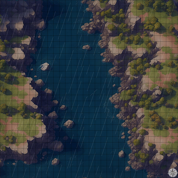river mouth with cliffs battle map night time with rain