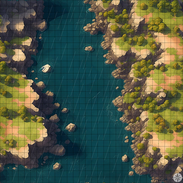 river mouth with cliffs battle map with Rain