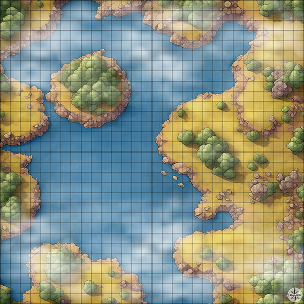 grasslands lake with islands battle map with Mist