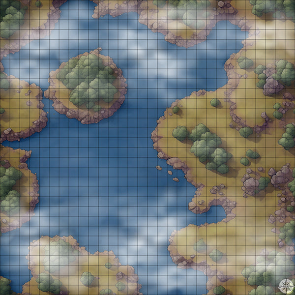 grasslands lake with islands battle map Night time with Mist