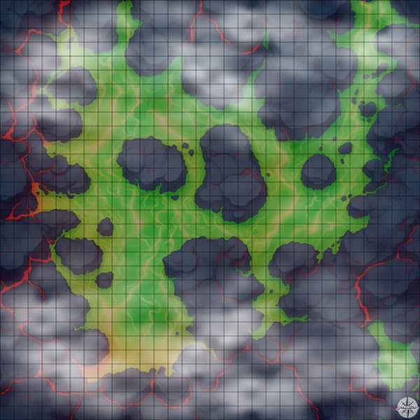 green lava lake with islands battle map Night time with Mist