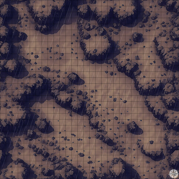 rocky mountain with desert plateaus battle map night time with rain