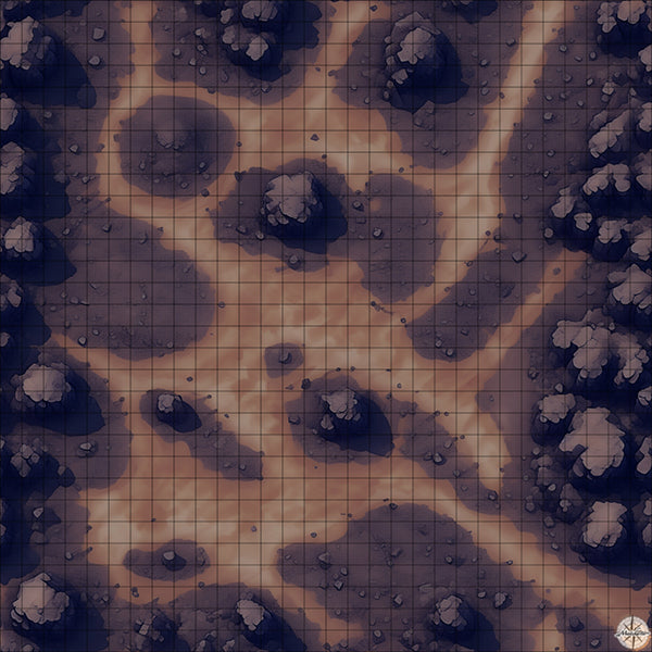 desert mountain clearing with rocky ground battle map at Night time