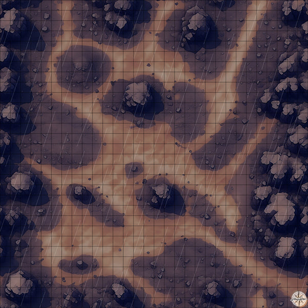 desert mountain clearing with rocky ground battle map night time with rain