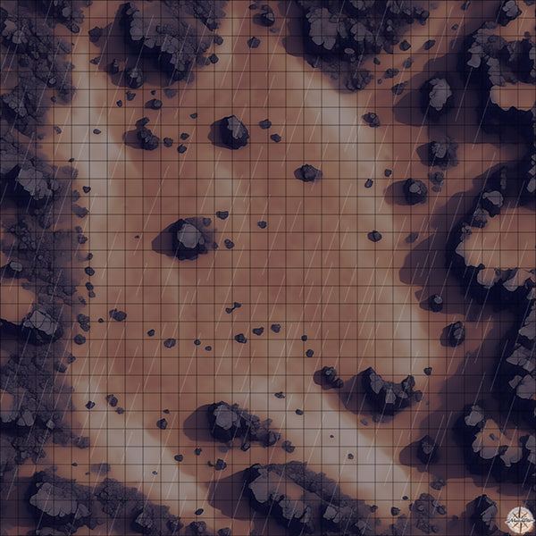 barren desert clearing with rocks battle map night time with rain