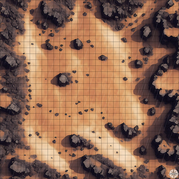 barren desert clearing with rocks battle map with Rain
