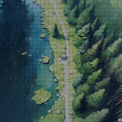 Tranquil Forest Lake Oasis Battlemap Night Rain