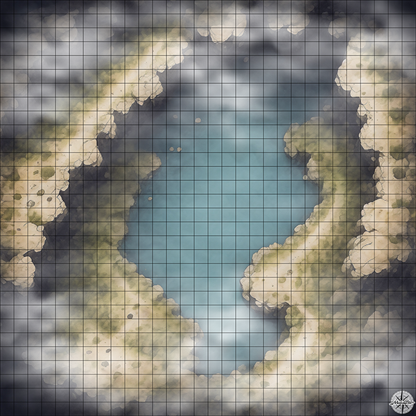 cave with lake and ridges cliffs D&D map with Mist