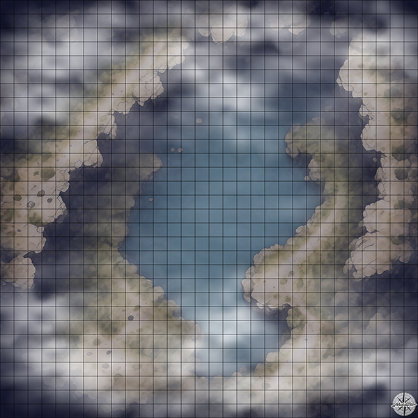 cave with lake and ridges cliffs D&D map with Night Mist