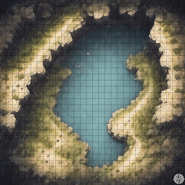 cave with lake and ridges cliffs D&D map with Rain